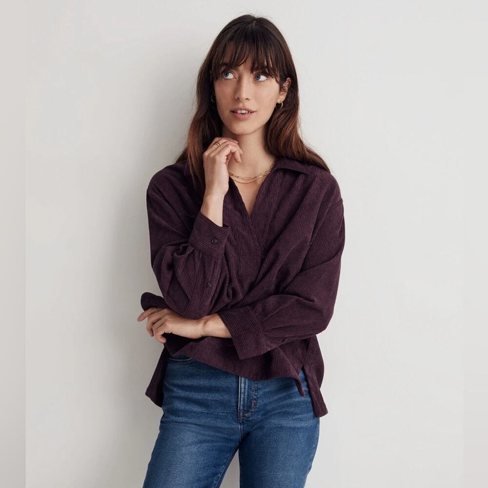 MADEWELL NWT Corduroy Lakeline Long-Sleeve Popover Shirt Burgandy Size M